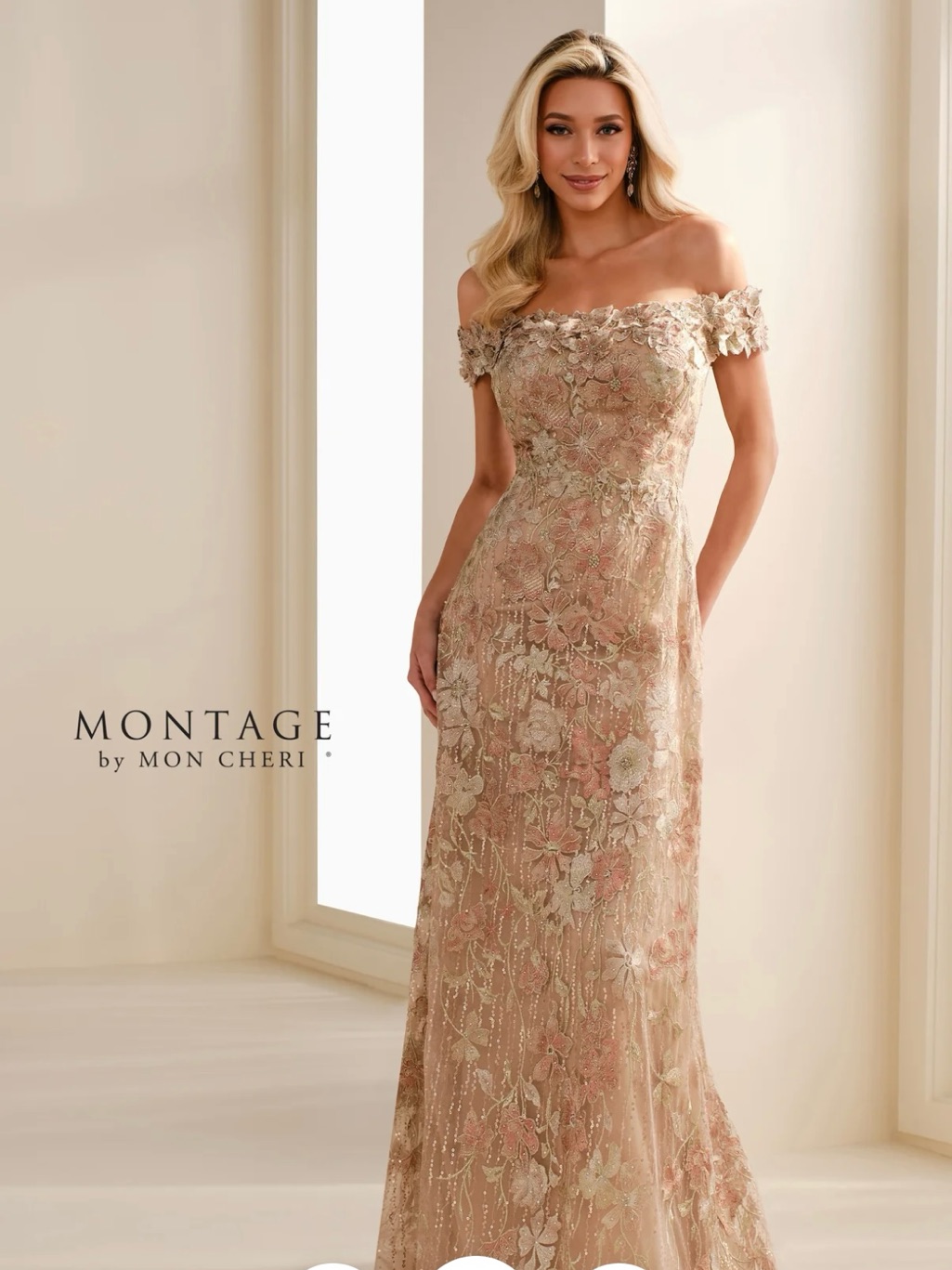 Montage By Mon Cheri Blush Gold Floral Off-Shoulder Evening Gown